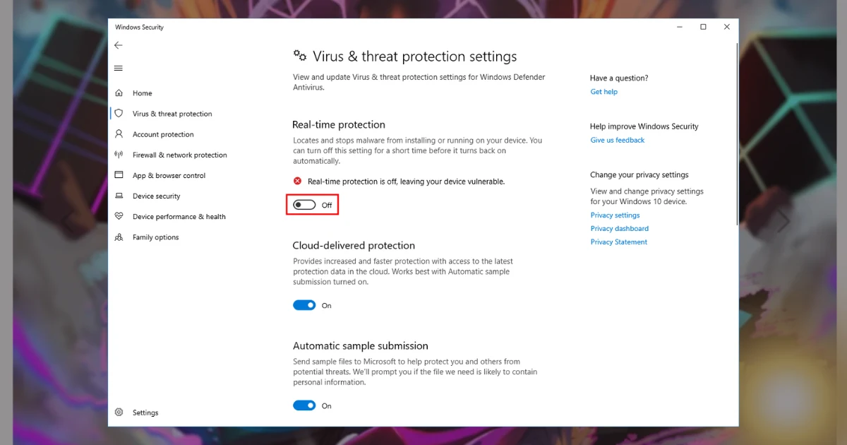 Turn off windows defender